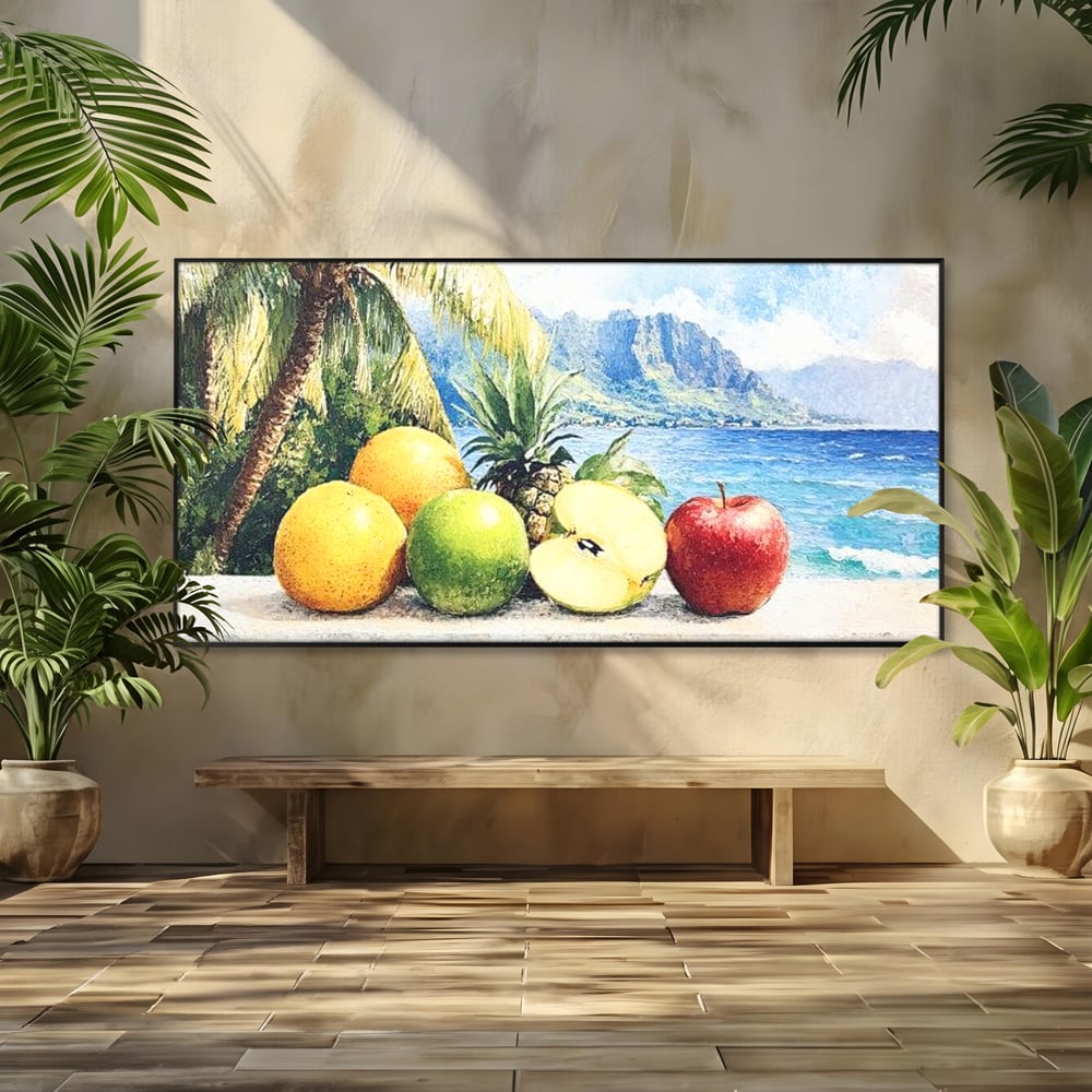 Tablou canvas cu natura moarta cu fructe tropicale si ocean, in rama de aluminiu negru